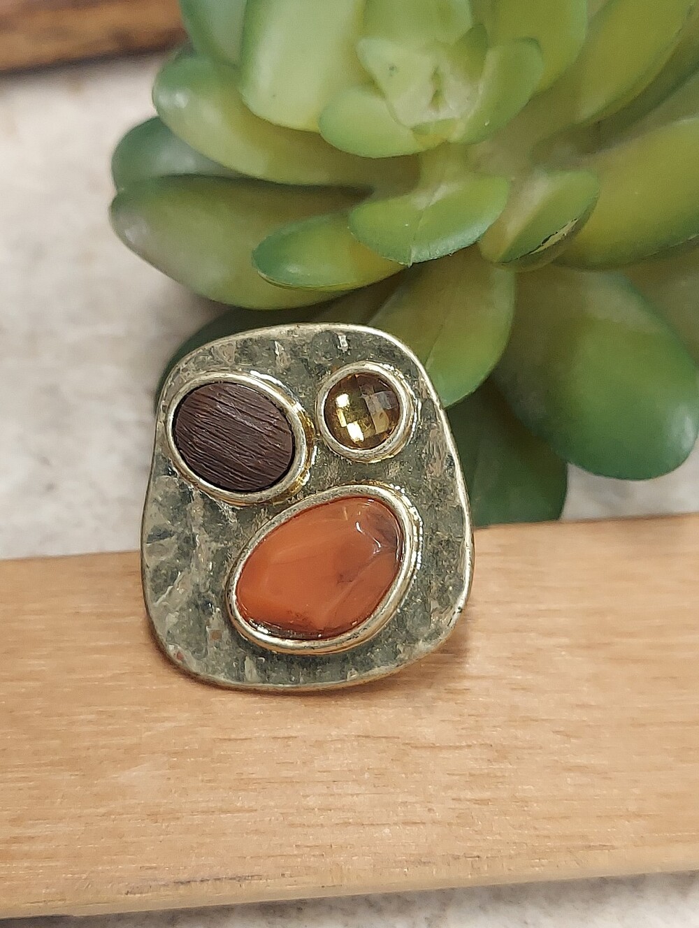 R087 Signed Vintage BOHM Gold-Tone Multi-Stone Statement Ring Orange and Brown